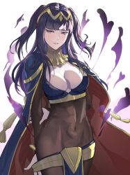 Rule 34 | 1girl, black hair, blunt bangs, bodystocking, bodysuit, breasts, bridal gauntlets, cape, circlet, cleavage, covered navel, fire emblem, fire emblem awakening, groin, highres, jewelry, large breasts, long hair, looking at viewer, nintendo, purple eyes, shan laotou, simple background, solo, tharja (fire emblem), tiara, two side up, undressing, white background