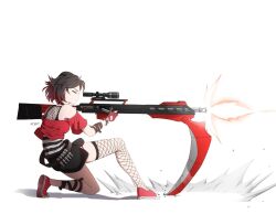 Rule 34 | 1girl, ar jart, artist name, black shorts, brown hair, closed mouth, commentary, crescent rose, english commentary, firing, fishnet thighhighs, fishnets, gradient hair, gun, holding, holding gun, holding weapon, multicolored hair, muzzle flash, off-shoulder shirt, off shoulder, on one knee, one eye closed, red footwear, red hair, red shirt, rifle, ruby rose, rwby, scope, scythe, shirt, shoes, short shorts, short sleeves, shorts, simple background, single thighhigh, sniper rifle, solo, thighhighs, weapon, white background