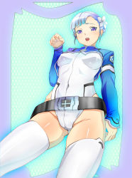Rule 34 | 10s, 1girl, :o, aqua background, bad id, bad pixiv id, belt, belt skirt, blue hair, blunt bangs, blush, bodysuit, border, breasts, cameltoe, clenched hand, colored eyelashes, covered navel, cowboy shot, cropped jacket, crotch, dendoumushi, emblem, fin e ld si laffinty, flower, foreshortening, from below, groin, hair flower, hair ornament, highleg, highleg leotard, hip bones, hip focus, honeycomb (pattern), honeycomb background, honeycomb pattern, jacket, leotard, long sleeves, looking at viewer, looking down, open clothes, open jacket, open mouth, paw pose, purple eyes, raised eyebrows, rinne no lagrange, short hair, sidelocks, sleeves past wrists, small breasts, solo, thighhighs, turtleneck, white thighhighs