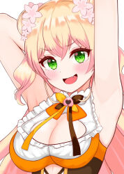 Rule 34 | 1girl, arawi (araccoon1221), armpits, arms up, bare shoulders, blonde hair, blush, bow, bowtie, breasts, brown bow, brown bowtie, cleavage, crossed bangs, double bun, eyelashes, fang, flower, frills, green eyes, hair between eyes, hair bun, hair flower, hair ornament, highres, hololive, impossible clothes, long hair, looking at viewer, medium breasts, momosuzu nene, momosuzu nene (1st costume), open mouth, pink flower, sidelocks, simple background, sleeveless, solo, upper body, very long hair, virtual youtuber, white background, yellow bow, yellow bowtie