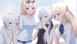 Rule 34 | :d, ;o, a.a (aa772), animal ear fluff, animal ears, azur lane, bare arms, bare shoulders, black-framed eyewear, black shirt, blonde hair, blue bow, blue eyes, blue shorts, bow, cleveland (azur lane), closed mouth, collared shirt, columbia (azur lane), commentary request, cup, denver (azur lane), eyewear on head, grey hair, hair between eyes, hands up, holding, holding cup, long hair, low twintails, montpelier (azur lane), mug, one eye closed, open mouth, parted lips, red eyes, shirt, short shorts, short sleeves, shorts, sleeveless, sleeveless shirt, smile, sunglasses, twintails, two side up, very long hair, white shirt