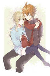 Rule 34 | 1boy, 1girl, adjusting clothes, ahoge, alternate costume, black pants, black sweater, black thighhighs, blonde hair, blue sweater, blush, border, closed eyes, commentary, couple, cropped legs, earrings, floral print, foot out of frame, genshin impact, hand on another&#039;s shoulder, hetero, highres, jewelry, knitting, knitting needle, looking at another, lumine (genshin impact), needle, orange hair, pants, pout, red scarf, scarf, short hair, short hair with long locks, short shorts, shorts, simple background, sitting, sitting on lap, sitting on person, smile, stud earrings, sugaharu, sweater, tartaglia (genshin impact), thighhighs, white shorts, yellow background, yellow eyes