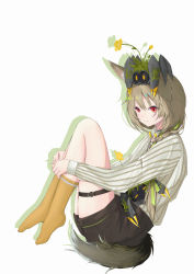 Rule 34 | 1girl, absurdres, animal, animal ears, animal on head, arknights, beanstalk (arknights), black shorts, blush, braid, brown hair, closed mouth, crab, crab on head, flower, from side, full body, green ribbon, hair over shoulder, hair ribbon, highres, kneehighs, legs up, long hair, long sleeves, looking away, looking down, on head, red eyes, ribbon, shirt, shorts, shuixi, simple background, single braid, sitting, smile, socks, solo, striped clothes, striped shirt, tail, thigh strap, vertical-striped clothes, vertical-striped shirt, white background, white shirt, yellow flower, yellow socks