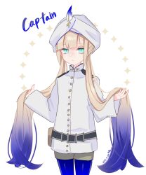 Rule 34 | 1boy, belt, belt pouch, blonde hair, blue eyes, blue hair, blue pantyhose, brown shorts, captain nemo (fate), character name, closed mouth, commentary request, cowboy shot, dated, expressionless, fate/grand order, fate (series), gradient hair, hands up, hat feather, highres, holding own hair, jacket, long hair, long sleeves, looking at viewer, low twintails, macchoko, male focus, multicolored hair, nemo (fate), pantyhose, pantyhose under shorts, pouch, short shorts, shorts, shoulder boards, simple background, solo, sparkle, standing, turban, twintails, very long hair, white background, white headwear, white jacket