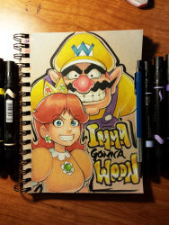 Rule 34 | 1boy, 1girl, blue eyes, brown hair, catchphrase, crown, earrings, english text, facial hair, grin, hat, highres, jewelry, long hair, looking at viewer, mario (series), mario party, mustache, nintendo, omar dogan, overalls, photo (medium), pointy ears, princess daisy, sketchbook, smile, super mario land, tomboy, traditional media, wario, wario land