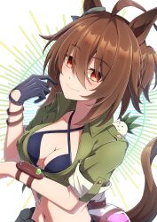 Rule 34 | 1girl, absurdres, agnes tachyon (lunatic lab) (umamusume), agnes tachyon (umamusume), ahoge, animal ears, belt, bikini, black bikini, black gloves, blush, breasts, brown hair, cleavage, collarbone, criss-cross halter, cropped torso, dated, ear ornament, flask, gloves, green jacket, grin, hair between eyes, hair bun, halterneck, highres, horse ears, horse girl, jacket, kii-kun (agnes tachyon) (umamusume), looking at viewer, navel, official alternate costume, official alternate hairstyle, red eyes, round-bottom flask, ruisuke, short hair, short sleeves, signature, simple background, single glove, small breasts, smile, solo, sparkle, swimsuit, tied jacket, umamusume, upper body, white background