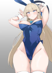Rule 34 | 1girl, absurdres, animal ears, arm up, armpits, bare shoulders, blonde hair, blue archive, blue eyes, blue leotard, blush, breasts, breasts out, cameltoe, detached collar, earpiece, fake animal ears, fake tail, hagunontada, hair ribbon, hands up, highleg, highleg leotard, highres, leotard, long hair, looking at viewer, medium breasts, nipples, official alternate costume, playboy bunny, rabbit ears, rabbit pose, rabbit tail, ribbon, solo, strapless, strapless leotard, tail, toki (blue archive), toki (bunny) (blue archive), very long hair, wrist cuffs