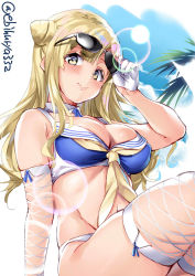 Rule 34 | 1girl, adapted costume, bikini, blonde hair, blue sky, blush, breasts, cleavage, closed mouth, commentary request, cone hair bun, day, detached collar, double bun, ebifurya, fishnet gloves, fishnet thighhighs, fishnets, fletcher (kancolle), gloves, groin, hair bun, highres, holding, kantai collection, kerchief, large breasts, lens flare, long hair, looking at viewer, navel, outdoors, palm tree, sailor bikini, sailor collar, sitting, skindentation, sky, smile, solo, sunglasses, sunglasses on head, swimsuit, thighhighs, tree, white gloves