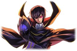 Rule 34 | 1boy, artist request, ascot, backlighting, black cape, black coat, black gloves, black hair, black headwear, cape, closed mouth, coat, code geass, code geass: lost stories, cropped torso, crossed arms, game cg, geass, gloves, gold trim, hair between eyes, hand up, happy, helmet, heterochromia, high collar, highres, holding, holding helmet, lelouch vi britannia, long sleeves, male focus, non-web source, official art, pink eyes, purple eyes, short hair, sidelocks, simple background, smile, solo, standing, transparent background, unworn headwear, unworn helmet, upper body, v-shaped eyebrows, white ascot, zero (code geass)