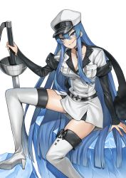 Rule 34 | 1girl, absurdres, akame ga kill!, blue eyes, blue hair, boots, breasts, chest tattoo, choker, cleavage, esdeath, hair between eyes, hat, highres, ice, large breasts, long hair, military, military uniform, nanni jjang, peaked cap, rapier, smile, solo, sword, tattoo, thigh boots, thighhighs, uniform, very long hair, weapon