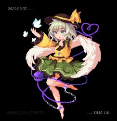 Rule 34 | 1girl, artist name, barefoot, black background, black hat, bug, butterfly, chain, commentary, cuffs, dated, english commentary, floral print, full body, green eyes, green hair, green skirt, hat, hat ribbon, heart, heart of string, insect, king liu, komeiji koishi, long sleeves, mixed-language commentary, open mouth, pixel art, ribbon, rose print, shackles, shirt, simple background, skirt, solo, third eye, touhou, white wings, wings, yellow ribbon, yellow shirt