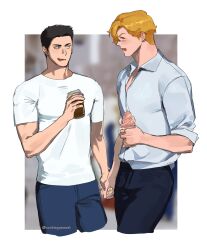 Rule 34 | 2boys, alternate costume, ao isami, black hair, blonde hair, collared shirt, cookiegasweet, couple, cropped legs, cup, disposable cup, facial hair, highres, holding hands, lewis smith, male focus, multiple boys, shirt, sideburns stubble, smile, stubble, thick eyebrows, yaoi, yuuki bakuhatsu bang bravern