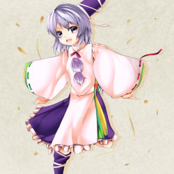 Rule 34 | 1girl, asa (ces6ces8), grey background, grey eyes, hat, japanese clothes, kariginu, looking at viewer, mononobe no futo, open mouth, outstretched arms, pom pom (clothes), shadow, short hair, silver hair, simple background, solo, spread arms, standing, standing on one leg, tate eboshi, touhou