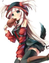 Rule 34 | 1girl, bad id, bad pixiv id, bare shoulders, black thighhighs, boned meat, boots, detached sleeves, eating, food, freon sacred (mishima kurone), green eyes, hood, long hair, meat, mishima kurone, original, skirt, solo, tail, thighhighs, twintails, white hair