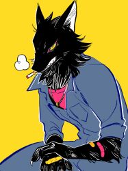 Rule 34 | 1boy, animal ears, bandaid, bandaid on arm, bandaid on hand, black fur, blue jumpsuit, body fur, bright pupils, cigarette, claws, clenched teeth, collared jumpsuit, colored sclera, commentary, english commentary, furry, furry male, highres, jewelry, jumpsuit, long sleeves, looking at viewer, male focus, necklace, original, pink shirt, red sclera, robodumpling, sharp teeth, shirt, simple background, slit pupils, smoke, smoking, teeth, white pupils, wolf boy, wolf ears, yellow background, yellow eyes