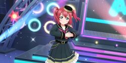 Rule 34 | 1girl, absurdres, belt, belt chain, blush, frilled skirt, frills, glowing, green eyes, hat, highres, kimi no hitomi o meguru bouken (love live!), kurosawa ruby, long sleeves, looking at viewer, love live!, love live! school idol festival all stars, love live! sunshine!!, nail polish, neckerchief, official art, own hands together, pleated skirt, red hair, sailor collar, screen, short hair, skirt, smile, solo, speaker, stage, stage lights, two side up, v-shaped eyebrows