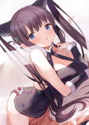 Rule 34 | 1girl, bare shoulders, black dress, blue eyes, blunt bangs, blush, breasts, china dress, chinese clothes, cleavage, detached sleeves, dress, fate/grand order, fate (series), hair ornament, highres, large breasts, leaf hair ornament, long hair, looking at viewer, maosame, purple hair, sidelocks, solo, thighs, twintails, very long hair, yang guifei (fate), yang guifei (second ascension) (fate)