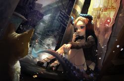 Rule 34 | 1girl, alley, animal, beer can, black footwear, black jacket, black shorts, blade &amp; soul, blue eyes, blush, brown hair, building, can, cat, choker, cigarette, city, commission, cropped jacket, dragon girl, dragon horns, dragon tail, drink can, female focus, fishnets, fog, foreshortening, high heels, hip vent, holding, holding can, holding cigarette, horns, jacket, lips, long hair, msaeng (00grimza), on ground, overpass, power lines, short shorts, shorts, sitting, smoking, snow, snowing, solo, tail