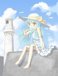 Rule 34 | bad id, bad pixiv id, bird, blue hair, blush, bow, day, dress, eating, food, hat, highres, holding, holding food, lighthouse, long hair, original, popsicle, popsicle stick, ribbon, seagull, sitting, solo, sun hat, sutorora, white dress, yellow bow, yellow eyes, yellow ribbon