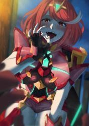 Rule 34 | 1girl, armor, black bean, black gloves, blush, breasts, chest jewel, fellatio gesture, fingerless gloves, gem, gloves, hand on thigh, headpiece, highres, large breasts, leaning forward, looking at viewer, nintendo, open mouth, oral invitation, pyra (xenoblade), red eyes, red hair, red shorts, sexually suggestive, short shorts, shorts, shoulder armor, swept bangs, thighs, tiara, xenoblade chronicles (series), xenoblade chronicles 2