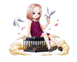 Rule 34 | 1girl, aged down, arm support, bird, bird on hand, bodskih, brown eyes, bug, dress, full body, hina (one piece), one piece, one piece treasure cruise, petals, pink hair, purple dress, shiny skin, short dress, short hair, simple background, sitting, sleeveless, sleeveless dress, solo, steam, striped clothes, striped dress, transparent background, vertical-striped clothes, vertical-striped dress