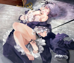Rule 34 | 00s, 1girl, bare shoulders, barefoot, bow, breasts, doll joints, dress, feet, frills, gothic lolita, hairband, jewelry, joints, legs, lolita fashion, long hair, lying, moruga, off shoulder, on back, pink eyes, ribbon, ring, rozen maiden, silver hair, solo, suigintou, toe ring, toes