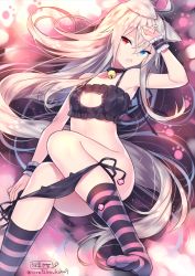 Rule 34 | 1girl, absurdly long hair, animal ears, bare arms, bell, black bra, black panties, blue eyes, bra, breasts, cat cutout, cat ear panties, cat ears, cat lingerie, choker, clothing cutout, convenient leg, hair between eyes, hand on own forehead, heterochromia, houchi shoujo, jingle bell, knees together feet apart, long hair, looking at viewer, meme attire, neck bell, no shoes, open mouth, original, panties, panty pull, paw print, platinum blonde hair, pulling own clothes, red eyes, side-tie panties, silver hair, sitting, small breasts, socks, solo, sora 72-iro, striped clothes, striped socks, twitter username, underwear, underwear only, very long hair, wrist cuffs