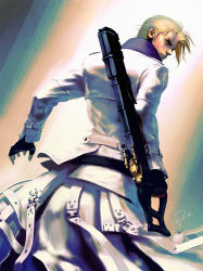 Rule 34 | 1boy, blonde hair, blue eyes, coat, fighting stance, final fantasy, final fantasy vii, final fantasy vii remake, fingerless gloves, from behind, gloves, gun, high collar, highres, holding, holding gun, holding weapon, long coat, looking back, male focus, rufus shinra, short hair, sideburns, signature, simple background, solo, square enix, strap, tdsuke, upper body, weapon, white coat