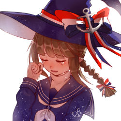 Rule 34 | 1girl, :d, anchor symbol, blue shirt, blush, bow, braid, brown hair, closed eyes, crying, funamusea, hair bow, hat, long sleeves, majiang, neckerchief, oounabara to wadanohara, open mouth, pointy ears, sailor collar, shirt, simple background, smile, solo, striped, striped bow, turtleneck, upper body, wadanohara, white background, witch, witch hat