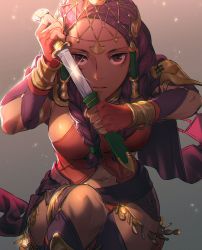 Rule 34 | 1girl, amino hpa, backlighting, braid, breasts, brown eyes, capelet, clothing cutout, cowboy shot, dagger, dark-skinned female, dark skin, facial mark, fingerless gloves, fire emblem, fire emblem: three houses, fire emblem warriors: three hopes, foreshortening, gloves, gold trim, highres, holding, holding dagger, holding knife, holding weapon, knife, large breasts, long hair, looking at viewer, navel cutout, nintendo, official alternate costume, official alternate hairstyle, orange gloves, petra macneary, purple capelet, purple hair, serious, sheath, sideboob, solo, unsheathing, weapon
