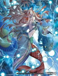 Rule 34 | 1girl, bare shoulders, blue eyes, breasts, cleavage, company name, electricity, fish, force of will, hair ornament, horns, japanese clothes, long hair, mermaid, midriff, monster girl, multicolored hair, nanahara shie, navel, official art, oil-paper umbrella, open mouth, pale skin, rain, red hair, shaela (force of will), solo, two-tone hair, umbrella, white hair