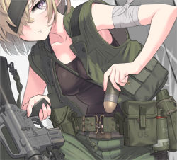 Rule 34 | 1girl, 40x46mm lv, ammunition, ar-15, assault rifle, bandaged arm, bandages, belt, between breasts, breasts, brown hair, canteen, colt&#039;s manufacturing company, colt defense, colt firearms, colt industries, cowboy shot, explosive, green pants, green vest, grenade, grenade cartridge, grenade launcher, grey background, gun, hair over one eye, hand grenade, large-caliber cartridge, leaning forward, less-than-lethal weapon, looking at viewer, m16, m16a1, m18 smoke grenade, original, pants, prototype design, rifle, samaru (seiga), short hair, small breasts, smoke grenade, solo, strap between breasts, tank top, underbarrel grenade launcher, vest, weapon, xm148