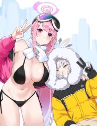 Rule 34 | 2girls, absurdres, ahoge, bare shoulders, bikini, black bikini, black gloves, blue archive, blush, breasts, cleavage, closed mouth, cold, eimi (blue archive), eimi (swimsuit) (blue archive), fur trim, glacier, gloves, goggles, goggles on head, hair between eyes, halo, highres, himari (blue archive), hood, hoodie, jacket, large breasts, long hair, long sleeves, looking at viewer, makarony, multiple girls, navel, off shoulder, official alternate costume, open clothes, open jacket, padded jacket, pink eyes, pink hair, pink halo, pink jacket, ponytail, scarf, simple background, ski goggles, snot, swimsuit, thighs, v, very long hair, white scarf