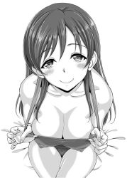 Rule 34 | 10s, 1girl, blush, breasts, cleavage, covered erect nipples, greyscale, idolmaster, idolmaster cinderella girls, kusui aruta, large breasts, long hair, monochrome, nitta minami, one-piece swimsuit, smile, solo, swimsuit