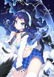 Rule 34 | 1girl, bad id, bad pixiv id, bird, blue eyes, blue hair, blue nails, blue skirt, blurry, breasts, byulzzi, checkered clothes, checkered skirt, choker, cleavage, collarbone, constellation, crop top, crow, depth of field, digital media player, feathers, headphones, highres, holding, holding umbrella, inline skates, large breasts, long sleeves, matching hair/eyes, midriff, nail polish, navel, original, pleated skirt, roller skates, shiny skin, short hair, skates, skindentation, skirt, smile, solo, star (symbol), tank top, thighhighs, umbrella, virgo (constellation), water, white thighhighs