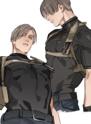 Rule 34 | belt, black pants, blue eyes, brown hair, closed eyes, closed mouth, highres, large pectorals, leon s. kennedy, looking down, male focus, muscular, muscular male, non-web source, pants, pectorals, resident evil, resident evil 4, tatsumi (psmhbpiuczn)