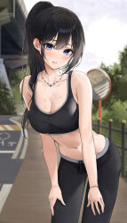 1girl absurdres black_hair black_pants black_sports_bra blue_hair blurry blurry_background blush breasts cleavage cloud cloudy_sky collarbone commentary_request day hair_between_eyes hands_on_own_knees highres jewelry large_breasts leaning_forward lebring long_hair looking_at_viewer navel necklace original outdoors pants ponytail sidewalk sky solo sports_bra stomach sweat traffic_mirror tree