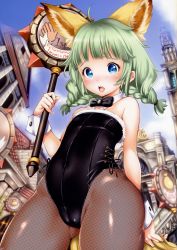 Rule 34 | 1girl, :o, absurdres, animal ears, bare shoulders, black pantyhose, blue eyes, blush, braid, content rating, cover, cover page, detached collar, elin, fishnet pantyhose, fishnets, green hair, highres, holding, leotard, long hair, mojarin (kihara mojarin), nontraditional playboy bunny, pantyhose, playboy bunny, solo, tera online, twin braids, wrist cuffs