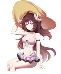 Rule 34 | 1girl, ahoge, animal ears, arknights, arm strap, arm up, bare arms, bare shoulders, bikini, bikini skirt, black choker, breasts, brown hair, choker, cleavage, commentary, eyjafjalla (arknights), hat, highleg, highleg bikini, highres, horns, huizhiyin, long hair, looking at viewer, navel, parted lips, pink bikini, pink eyes, pink skirt, sheep ears, sheep horns, simple background, sitting, skirt, small breasts, solo, stomach, sun hat, swimsuit, thighs, very long hair, white background