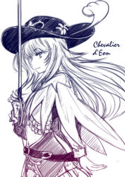 Rule 34 | 1boy, androgynous, belt, capelet, chevalier d&#039;eon (fate), clothing cutout, fate/grand order, fate (series), flower, frills, haku (grimjin), hat, hat feather, hat flower, hatching (texture), highres, holding, holding weapon, long hair, male focus, monochrome, navel, navel cutout, rapier, sidelocks, solo, sword, trap, weapon