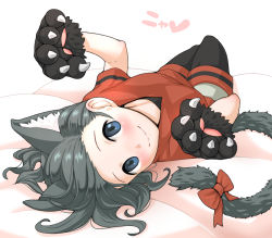 Rule 34 | 1girl, animal ears, animal hands, black hair, black pantyhose, blue eyes, blush, bow, cat ears, cat girl, cat tail, commentary, extra ears, gloves, kaban (kemono friends), kemono friends, kemonomimi mode, looking at viewer, lying, no headwear, on back, on bed, pantyhose, pantyhose under shorts, paw gloves, red bow, red shirt, shirt, short hair, short sleeves, shorts, smile, solo, t-shirt, tail, tail bow, tail ornament, tomatokikaku