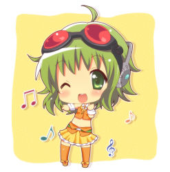 Rule 34 | 1girl, bad id, bad pixiv id, blush, chibi, goggles, goggles on head, green eyes, green hair, gumi, headphones, kumakichi (toshigat), matching hair/eyes, musical note, one eye closed, open mouth, red-tinted eyewear, short hair, skirt, smile, solo, tinted eyewear, toshigat, vocaloid, wink