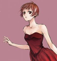 Rule 34 | 1girl, aluco klk, bare shoulders, breasts, brown eyes, brown hair, cleavage, commentary request, dress, highres, psycho-pass, red background, red dress, short hair, skinny, small breasts, solo, strapless, strapless dress, tsunemori akane, upper body