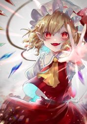 Rule 34 | 1girl, ascot, blonde hair, bow, clothes lift, collar, collared vest, commentary request, cowboy shot, crystal wings, eyelashes, fangs, fingernails, flandre scarlet, frilled collar, frilled headwear, frilled skirt, frills, glowing, glowing eyes, hat, hat bow, highres, incoming attack, light blush, looking at viewer, magic, miniskirt, mob cap, nail polish, open mouth, outstretched arm, pale skin, pointy ears, puffy short sleeves, puffy sleeves, red bow, red eyes, red nails, red skirt, red vest, sharp fingernails, shirt, short hair, short sleeves, skirt, skirt lift, skirt set, smile, solo, suzune hapinesu, teeth, touhou, vest, white background, white collar, white hat, white shirt, white sleeves, yellow ascot
