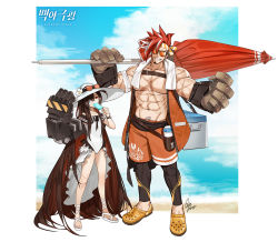 Rule 34 | 1boy, 1girl, abs, absurdly long hair, ahoge, alchemy stars, bandage over one eye, bandages, black hair, black male swimwear, colored inner hair, commentary request, eve (alchemy stars), facial hair, gomtang, headband, large pectorals, long hair, looking at viewer, male swimwear, mechanical arms, multicolored hair, open mouth, orange male swimwear, orange swim trunks, pectorals, red eyes, red hair, single mechanical arm, sinsa (alchemy stars), smile, swim trunks, swimsuit, very long hair, white hair