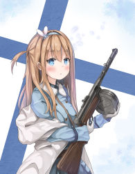 Rule 34 | absurdres, blue eyes, blush, brown hair, closed mouth, collared shirt, finnish flag, girls&#039; frontline, gloves, gun, hairband, highres, holding, holding gun, holding weapon, long hair, looking at viewer, shirt, snowflakes, sob (submar1089), solo, suomi (girls&#039; frontline), weapon, white gloves