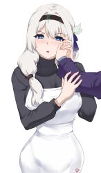 Rule 34 | 1girl, 1other, apron, black hairband, black sweater, commentary request, firefly (honkai: star rail), hairband, highres, honkai: star rail, honkai (series), kagurachi, long hair, open mouth, purple eyes, simple background, sweater, turtleneck, turtleneck sweater, upper body, white apron, white background, white hair