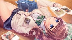 Rule 34 | 1girl, ahoge, bag, blue eyes, blush, bow, bowtie, breasts, brown hair, female focus, game cg, highres, holding, indoors, large breasts, legs, long hair, looking up, lying, manga (object), open mouth, original, pillow, reading, school bag, school uniform, side ponytail, skirt, solo, tachibanaki riho, thighs, uchi no imouto, yamakaze ran