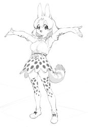 Rule 34 | 1girl, animal ears, armpits, arms up, bad id, bad twitter id, bow, bowtie, elbow gloves, full body, gloves, greyscale, hair between eyes, highres, kemono friends, kona ming, looking at viewer, monochrome, open mouth, print bow, print bowtie, print gloves, print neckwear, print skirt, print thighhighs, serval (kemono friends), serval print, serval tail, shirt, shoes, short hair, simple background, skirt, sleeveless, sleeveless shirt, smile, solo, standing, tail, thighhighs, traditional bowtie, white background