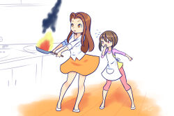 Rule 34 | 2girls, apron, breasts, brown eyes, brown hair, cooking, covering own mouth, digimon, digimon adventure, drantyno, dress, fire, flying sweatdrops, frying pan, highres, holding, kitchen, long hair, long sleeves, multiple girls, open mouth, orange skirt, pants, pink eyes, pink pants, purple shirt, shirt, shoes, short hair, sink, skirt, sleeveless, sleeveless dress, small breasts, smoke, standing, surprised, tachikawa mimi, teeth, white apron, white footwear, white shirt, yagami hikari, yellow dress
